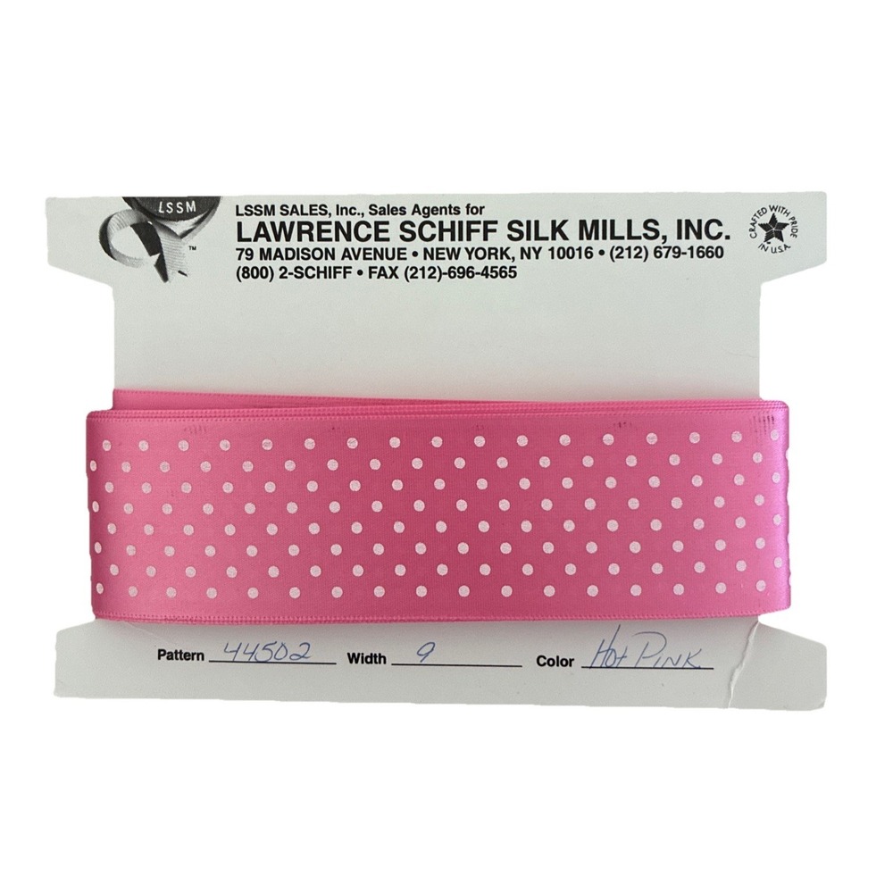 Lawrence Schiff Silk Mills Ribbon Hot Pink White Polka Dot 1.5" 5 yd Made In USA